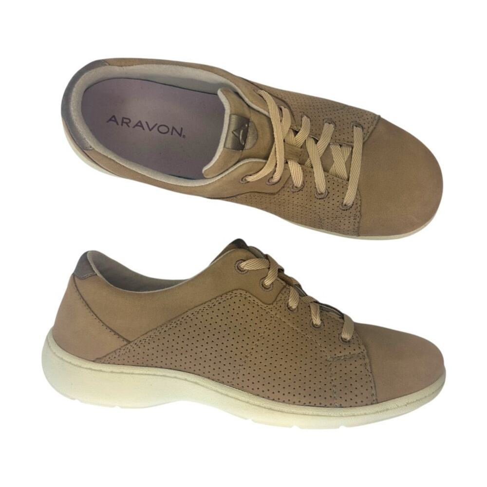 Aravon Women's Lia Tie Sneaker 8 Taupe Tan Suede Nubuck Lace Up Walking Shoe